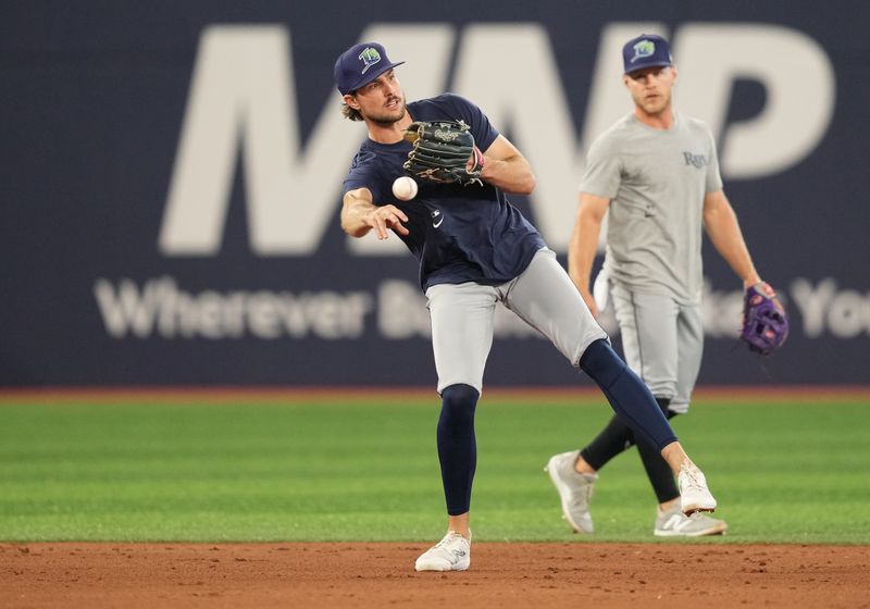 Jul 23, 2024; Toronto, Ontario, CAN; Tampa Bay Rays outfielder Josh Lowe (15) throws a ball to second base during batting practice before a game against the Toronto Blue Jays at Rogers Centre. Mandatory Credit: Nick Turchiaro-USA TODAY Sports