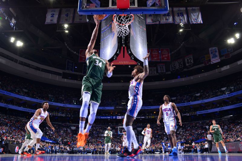 PHILADELPHIA, PA - FEBRUARY 25: Giannis Antetokounmpo #34 of the Milwaukee Bucks drives to the basket during the game against the Philadelphia 76ers on February 25, 2024 at the Wells Fargo Center in Philadelphia, Pennsylvania NOTE TO USER: User expressly acknowledges and agrees that, by downloading and/or using this Photograph, user is consenting to the terms and conditions of the Getty Images License Agreement. Mandatory Copyright Notice: Copyright 2024 NBAE (Photo by Jesse D. Garrabrant/NBAE via Getty Images)