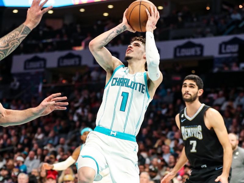 CHARLOTTE, NC - JANUARY 4: LaMelo Ball #1 of the Charlotte Hornets drives to the basket during the game against the Memphis Grizzlies on January 4, 2023 at Spectrum Center in Charlotte, North Carolina. NOTE TO USER: User expressly acknowledges and agrees that, by downloading and or using this photograph, User is consenting to the terms and conditions of the Getty Images License Agreement. Mandatory Copyright Notice: Copyright 2023 NBAE (Photo by Brock Williams-Smith/NBAE via Getty Images)