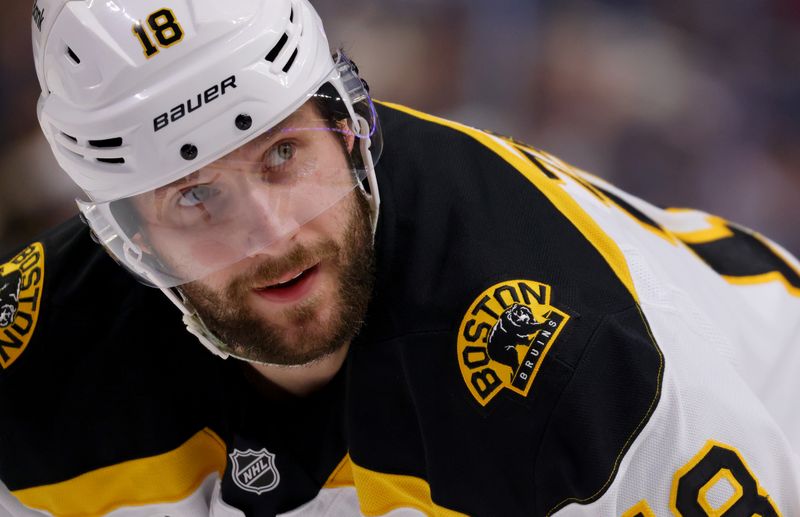 Jan 28, 2025; Buffalo, New York, USA;  Boston Bruins center Pavel Zacha (18) waits for the face-off during the first period against the Buffalo Sabres at KeyBank Center. Mandatory Credit: Timothy T. Ludwig-Imagn Images