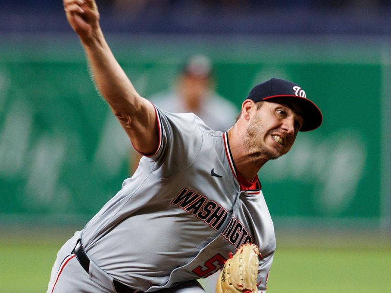 Jun 28, 2024; St. Petersburg, Florida, USA;  Washington Nationals pitcher Jacob Barnes (59) throws a pitch against the Tampa Bay Rays in the sixth inning at Tropicana Field. Mandatory Credit: Nathan Ray Seebeck-USA TODAY Sports