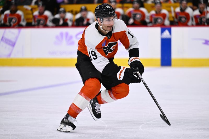 Nov 28, 2023; Philadelphia, Pennsylvania, USA; Philadelphia Flyers right wing Garnet Hathaway (19) in action against the Carolina Hurricanes in the second period at Wells Fargo Center. Mandatory Credit: Kyle Ross-USA TODAY Sports