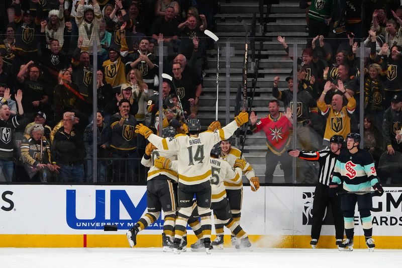 Mar 21, 2024; Las Vegas, Nevada, USA; Vegas Golden Knights right wing Keegan Kolesar (55) celebrates with team mates after scoring a goal against the Seattle Kraken during the third period at T-Mobile Arena. Mandatory Credit: Stephen R. Sylvanie-USA TODAY Sports