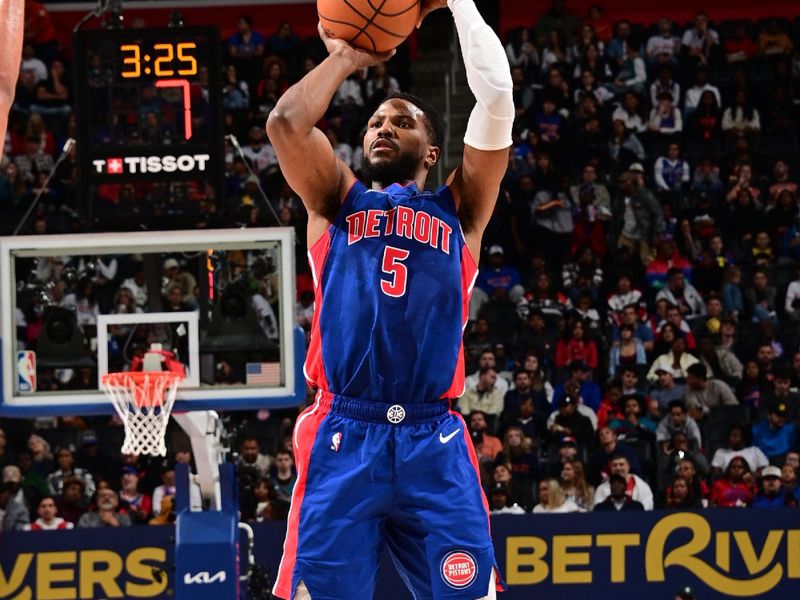 DETROIT, MI - NOVEMBER 8: Malik Beasley #5 of the Detroit Pistons shoots a three point basket during the game against the Atlanta Hawks on November  8, 2024 at Little Caesars Arena in Detroit, Michigan. NOTE TO USER: User expressly acknowledges and agrees that, by downloading and/or using this photograph, User is consenting to the terms and conditions of the Getty Images License Agreement. Mandatory Copyright Notice: Copyright 2024 NBAE (Photo by Chris Schwegler/NBAE via Getty Images)