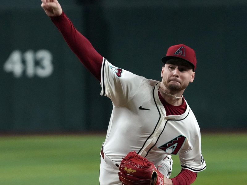 Sep 24, 2025; Phoenix, Arizona, USA; Arizona Diamondbacks pitcher Ryne Nelson (19) throws in the first inning against the Los Angeles Dodgers at Chase Field. Mandatory Credit: Rick Scuteri-Imagn Images