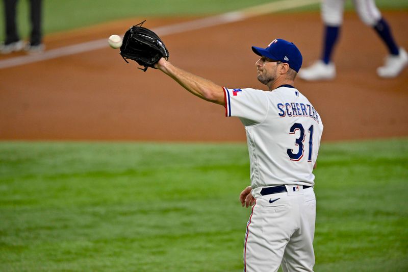 Aug 3, 2023; Arlington, Texas, USA; Texas Rangers starting pitcher Max Scherzer (31) pitches against the Chicago White Sox during the first inning at Globe Life Field. Mandatory Credit: Jerome Miron-USA TODAY Sports