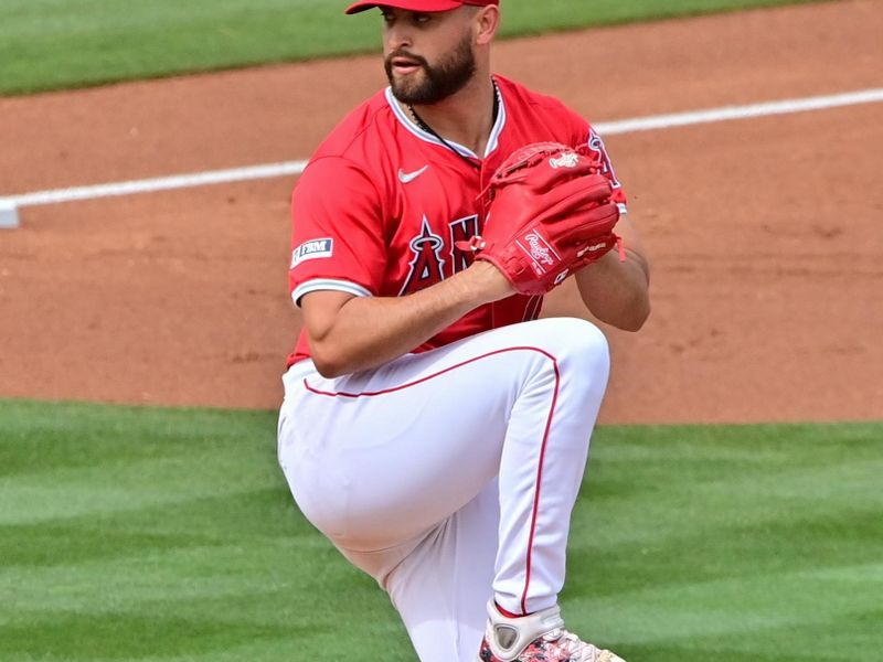 Mar 6, 2024; Tempe, Arizona, USA;  Los Angeles Angels starting pitcher Patrick Sandoval (43) throws in the second inning against the Oakland Athletics during a spring training game at Tempe Diablo Stadium. Mandatory Credit: Matt Kartozian-USA TODAY Sports