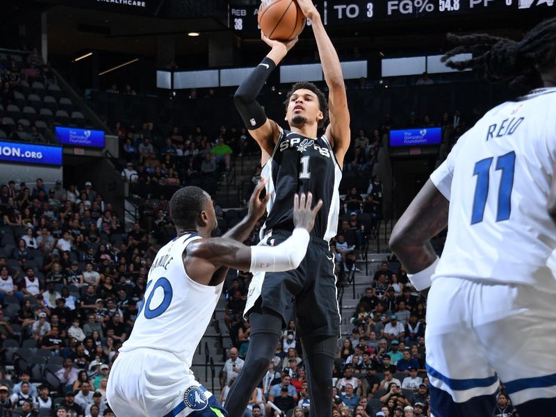 SAN ANTONIO, TX - NOVEMBER 2: Victor Wembanyama #1 of the San Antonio Spurs shoots the ball during the game against the Minnesota Timberwolves on November 2, 2024 at the Frost Bank Center in San Antonio, Texas. NOTE TO USER: User expressly acknowledges and agrees that, by downloading and or using this photograph, user is consenting to the terms and conditions of the Getty Images License Agreement. Mandatory Copyright Notice: Copyright 2024 NBAE (Photos by Michael Gonzales/NBAE via Getty Images)