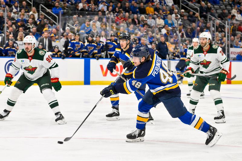 Nov 19, 2024; St. Louis, Missouri, USA;  St. Louis Blues defenseman Scott Perunovich (48) shoots and scores against the Minnesota Wild during the second period at Enterprise Center. Mandatory Credit: Jeff Curry-Imagn Images