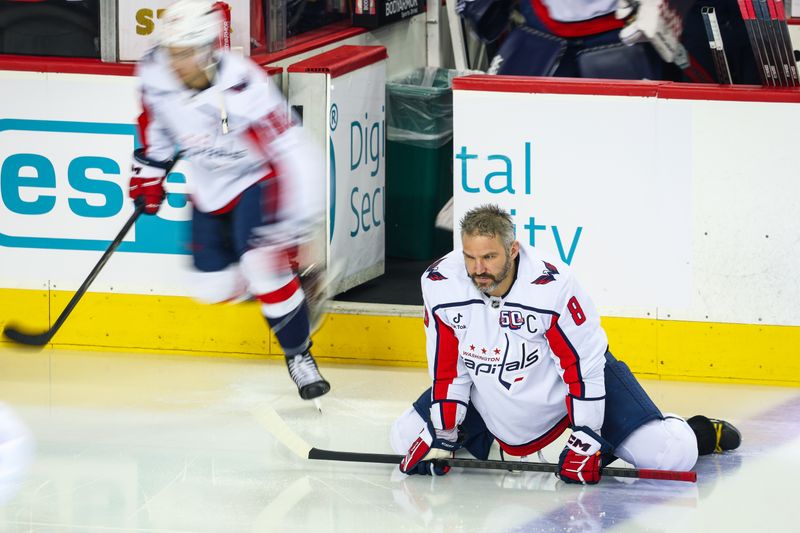 Jan 28, 2025; Calgary, Alberta, CAN; Washington Capitals left wing Alex Ovechkin (8) during the warmup period against the Calgary Flames at Scotiabank Saddledome. Mandatory Credit: Sergei Belski-Imagn Images