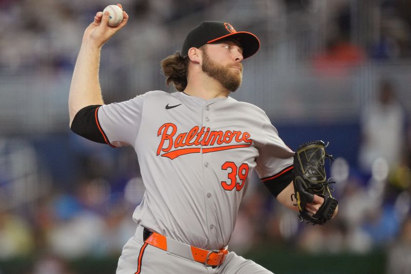 Jul 25, 2024; Miami, Florida, USA;  Baltimore Orioles pitcher Corbin Burnes (39) delivers in the first inning against the Miami Marlins at loanDepot Park. Mandatory Credit: Jim Rassol-USA TODAY Sports