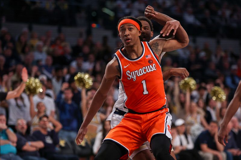 Feb 17, 2024; Atlanta, Georgia, USA; Syracuse Orange forward Maliq Brown (1) boxes out against the Georgia Tech Yellow Jackets in the second half at McCamish Pavilion. Mandatory Credit: Brett Davis-USA TODAY Sports