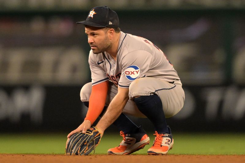 Jun 8, 2024; Anaheim, California, USA;  Houston Astros second baseman Jose Altuve (27) waits on the field during a pitching change in the eighth inning against the Los Angeles Angels at Angel Stadium. Mandatory Credit: Jayne Kamin-Oncea-USA TODAY Sports