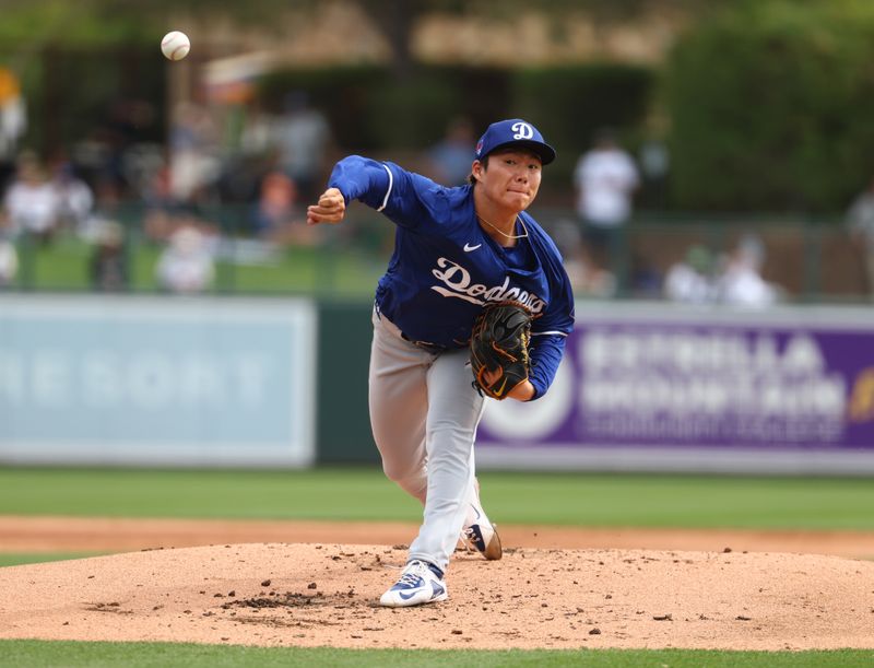 Mar 6, 2024; Phoenix, Arizona, USA; Los Angeles Dodgers pitcher Yoshinobu Yamamoto against the Chicago White Sox during a spring training baseball game at Camelback Ranch-Glendale. Mandatory Credit: Mark J. Rebilas-USA TODAY Sports