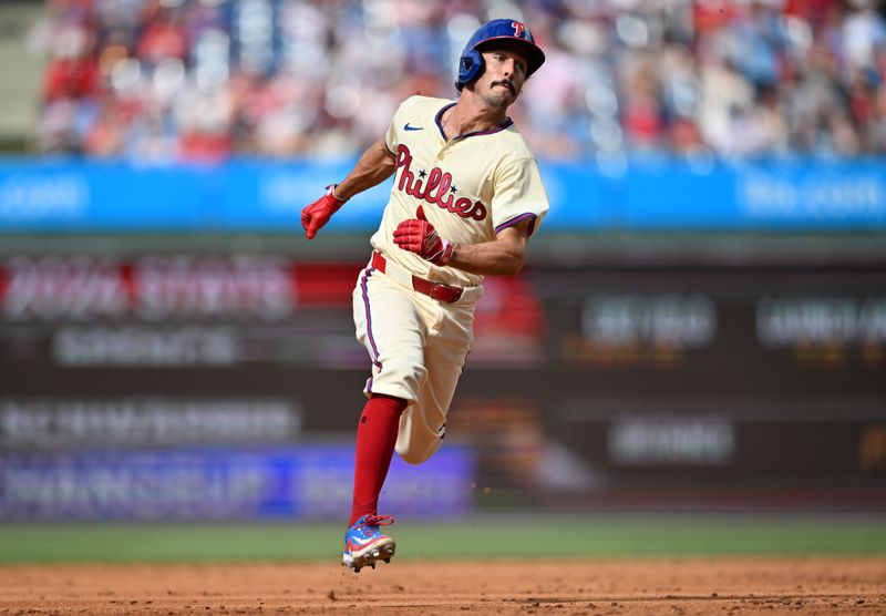 Jul 13, 2024; Philadelphia, Pennsylvania, USA; Philadelphia Phillies catcher Garrett Stubbs (21) runs to third and advances home to score against the Oakland Athletics in the third inning at Citizens Bank Park. Mandatory Credit: Kyle Ross-USA TODAY Sports