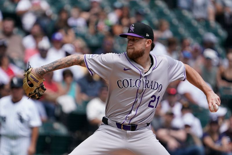 Jun 30, 2024; Chicago, Illinois, USA; Colorado Rockies pitcher Kyle Freeland (21) throws the ball against the Chicago White Sox during the first inning at Guaranteed Rate Field. Mandatory Credit: David Banks-USA TODAY Sports