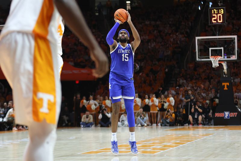 Jan 28, 2025; Knoxville, Tennessee, USA; Kentucky Wildcats forward Ansley Almonor (15) shoots a three-point basket against the Tennessee Volunteers during the second half at Thompson-Boling Arena at Food City Center. Mandatory Credit: Randy Sartin-Imagn Images