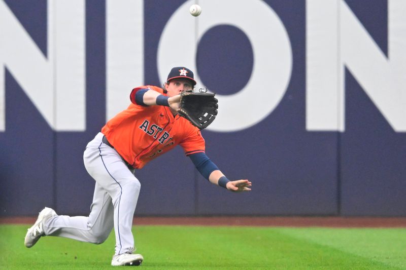 Jun 6, 2025; Cleveland, Ohio, USA; Houston Astros center fielder Jake Meyers (6) makes a running catch in the third inning against the Cleveland Guardians at Progressive Field. Mandatory Credit: David Richard-Imagn Images