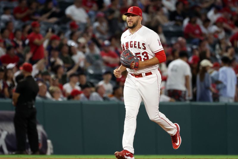 Sep 9, 2023; Anaheim, California, USA;  Los Angeles Angels relief pitcher Carlos Estevez (53) runs to the mound during the ninth inning against the Cleveland Guardians at Angel Stadium. Mandatory Credit: Kiyoshi Mio-USA TODAY Sports