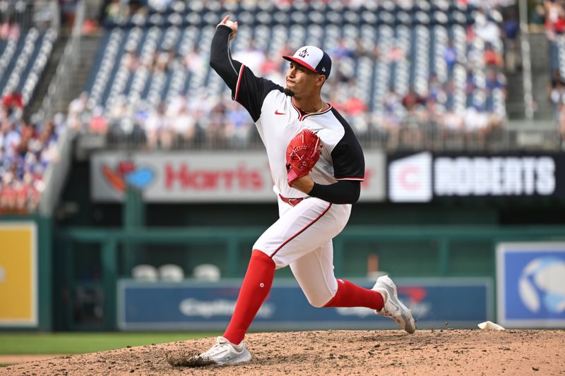 Sep 1, 2024; Washington, District of Columbia, USA; Washington Nationals relief pitcher Orlando Ribalta (64) throws a pitch against the Chicago Cubs during the ninth inning at Nationals Park. Mandatory Credit: Rafael Suanes-USA TODAY Sports