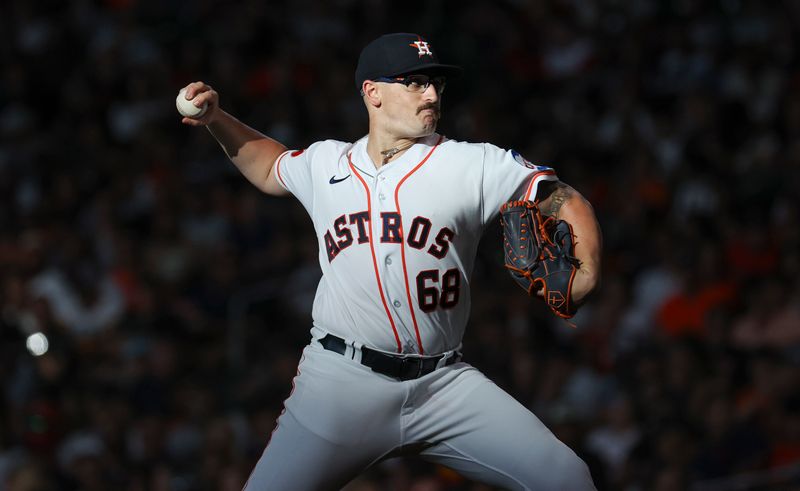 Aug 12, 2023; Houston, Texas, USA; Houston Astros starting pitcher J.P. France (68) delivers a pitch during the second inning against the Los Angeles Angels at Minute Maid Park. Mandatory Credit: Troy Taormina-USA TODAY Sports