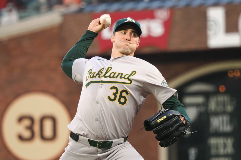 Jul 31, 2024; San Francisco, California, USA; Oakland Athletics starting pitcher Ross Stripling (36) pitches against the San Francisco Giants during the fifth inning at Oracle Park. Mandatory Credit: Kelley L Cox-USA TODAY Sports