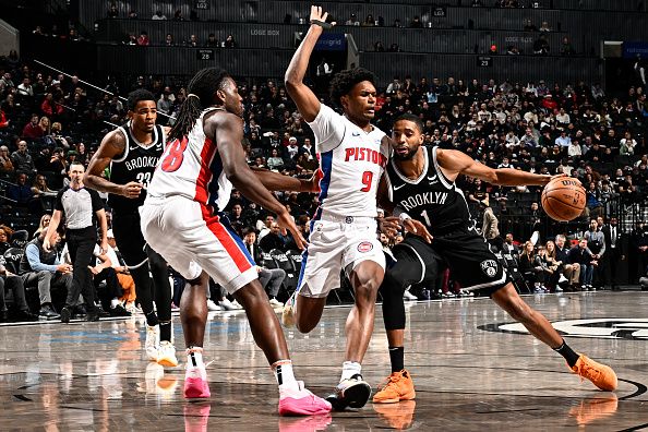 BROOKLYN, NY - DECEMBER 23: Mikal Bridges #1 of the Brooklyn Nets handles the ball during the game against the Detroit Pistons on December 23, 2023 at Barclays Center in Brooklyn, New York. NOTE TO USER: User expressly acknowledges and agrees that, by downloading and or using this Photograph, user is consenting to the terms and conditions of the Getty Images License Agreement. Mandatory Copyright Notice: Copyright 2023 NBAE (Photo by David Dow/NBAE via Getty Images)