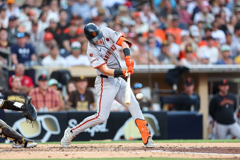 Sep 7, 2024; San Diego, California, USA; San Francisco Giants shortstop Tyler Fitzgerald (49) singles in the fourth inning against the San Diego Padres at Petco Park. Mandatory Credit: Chadd Cady-Imagn Images