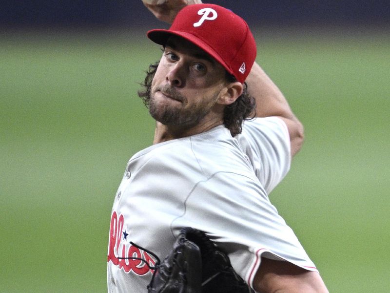 Apr 26, 2024; San Diego, California, USA; Philadelphia Phillies starting pitcher Aaron Nola (27) throws a pitch against the San Diego Padres during the first inning at Petco Park. Mandatory Credit: Orlando Ramirez-USA TODAY Sports