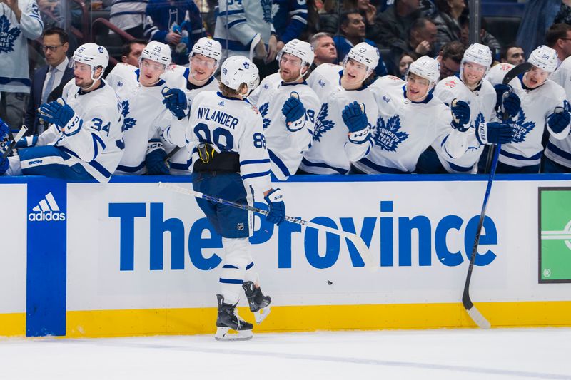 Jan 20, 2024; Vancouver, British Columbia, CAN; Toronto Maple Leafs forward William Nylander (88) celebrates his second goal against the Vancouver Canucks in the second period at Rogers Arena. Mandatory Credit: Bob Frid-USA TODAY Sports