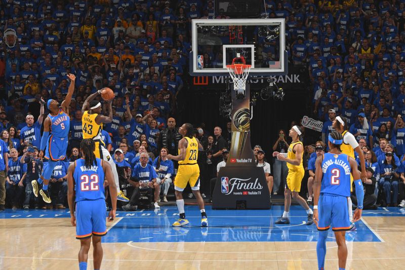 OKLAHOMA CITY, OK - JUNE 8: Pascal Siakam #43 of the Indiana Pacers rebounds the ball during the game against the Oklahoma City Thunder during Game Two of the 2025 NBA Finals on June 8, 2025 at Paycom Center in Oklahoma City, Oklahoma. NOTE TO USER: User expressly acknowledges and agrees that, by downloading and or using this photograph, User is consenting to the terms and conditions of the Getty Images License Agreement. Mandatory Copyright Notice: Copyright 2025 NBAE (Photo by Jesse D. Garrabrant/NBAE via Getty Images)