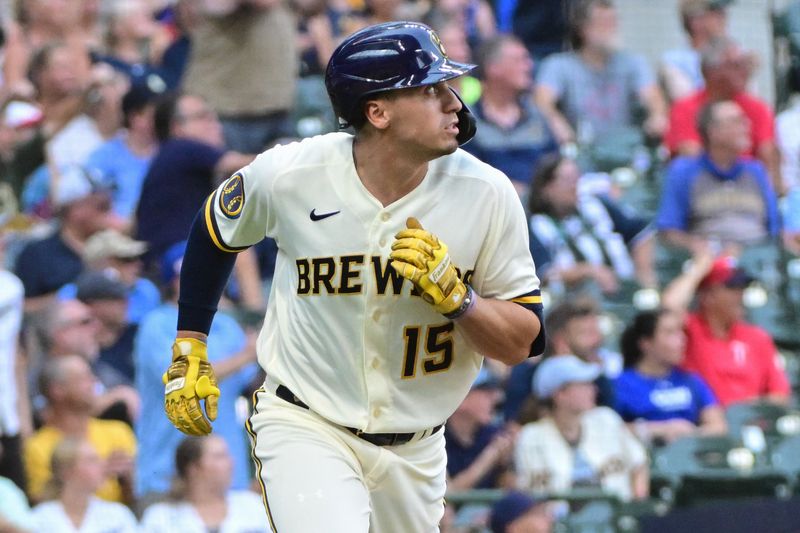 Aug 23, 2023; Milwaukee, Wisconsin, USA; Milwaukee Brewers center fielder Tyrone Taylor (15) watches after hitting a solo home run in the seventh inning against the Minnesota Twins at American Family Field. Mandatory Credit: Benny Sieu-USA TODAY Sports