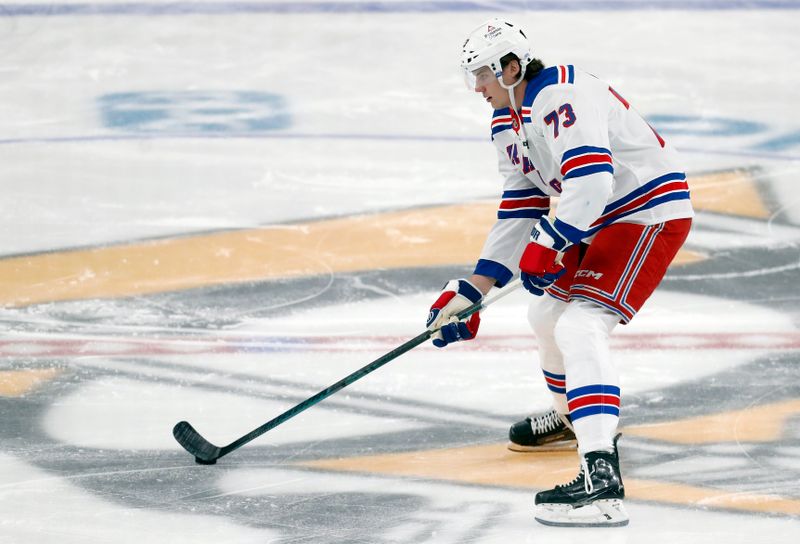 Oct 9, 2024; Pittsburgh, Pennsylvania, USA;  New York Rangers center Matt Rempe (73) warms up before the game against the Pittsburgh Penguins at PPG Paints Arena. Mandatory Credit: Charles LeClaire-Imagn Images