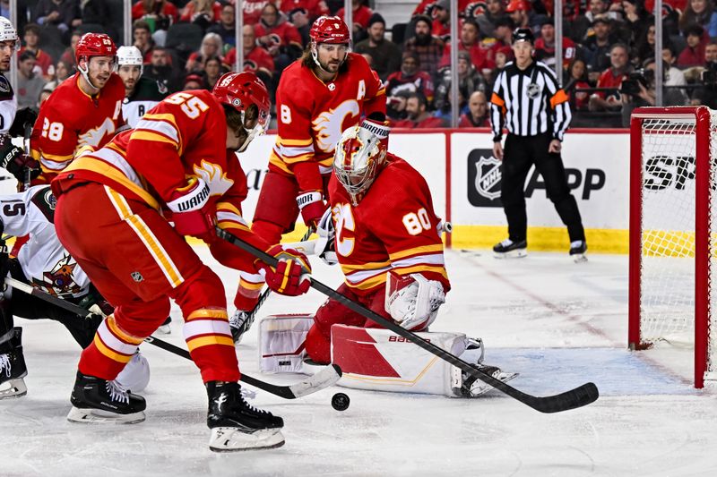 Jan 16, 2024; Calgary, Alberta, CAN; Calgary Flames goaltender Daniel Vladar (80) makes a save against the Arizona Coyotes during the second period at Scotiabank Saddledome. Mandatory Credit: Brett Holmes-USA TODAY Sports