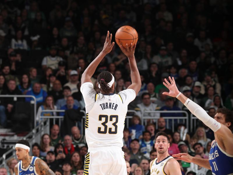 MILWAUKEE, WI - MARCH 15: Myles Turner #33 of the Indiana Pacers shoots a three point basket during the game against the Milwaukee Bucks on March 15, 2025 at Fiserv Forum Center in Milwaukee, Wisconsin. NOTE TO USER: User expressly acknowledges and agrees that, by downloading and or using this Photograph, user is consenting to the terms and conditions of the Getty Images License Agreement. Mandatory Copyright Notice: Copyright 2025 NBAE (Photo by Gary Dineen/NBAE via Getty Images).