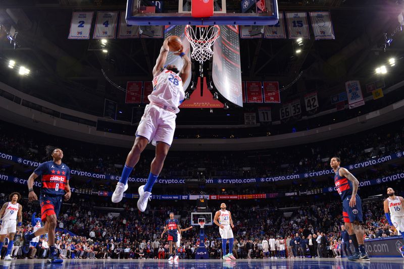 PHILADELPHIA, PA - JANUARY 8:  Guerschon Yabusele #28 of the Philadelphia 76ers drives to the basket during the game against the Washington Wizards on January 8, 2025 at the Wells Fargo Center in Philadelphia, Pennsylvania NOTE TO USER: User expressly acknowledges and agrees that, by downloading and/or using this Photograph, user is consenting to the terms and conditions of the Getty Images License Agreement. Mandatory Copyright Notice: Copyright 2025 NBAE (Photo by Jesse D. Garrabrant/NBAE via Getty Images)