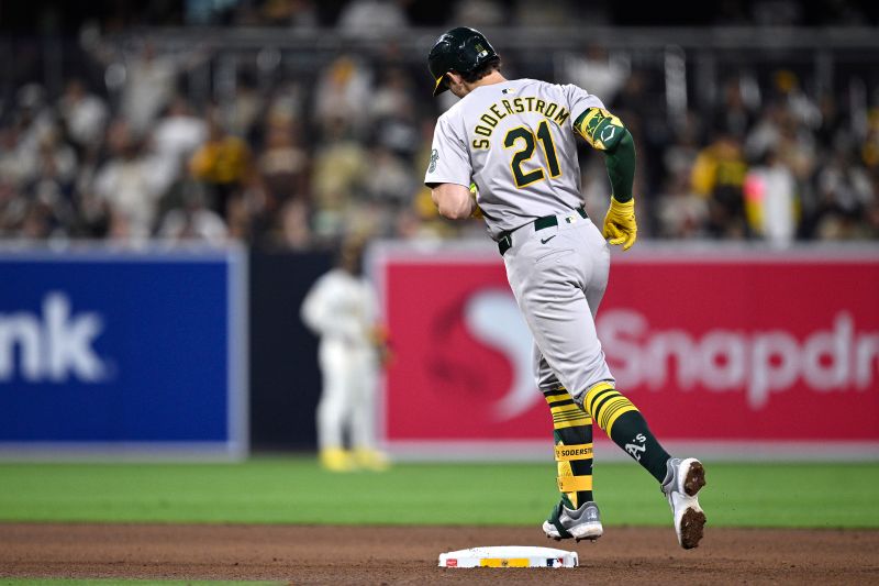 Jun 11, 2024; San Diego, California, USA; Oakland Athletics first baseman Tyler Soderstrom (21) rounds the bases after hitting a two-run home run against the San Diego Padres during the eighth inning at Petco Park. Mandatory Credit: Orlando Ramirez-USA TODAY Sports