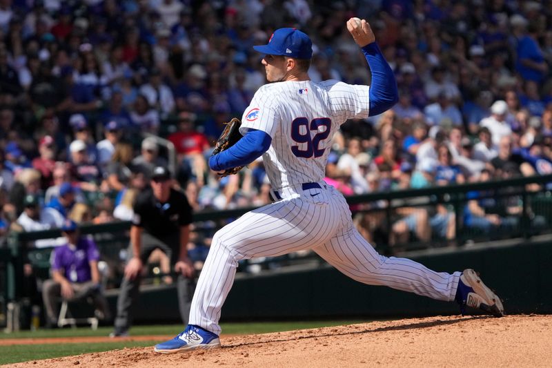 Feb 23, 2024; Mesa, Arizona, USA; Chicago Cubs pitcher Bailey Horn (92) throws against the Chicago White Sox in the second inning at Sloan Park. Mandatory Credit: Rick Scuteri-USA TODAY Sports