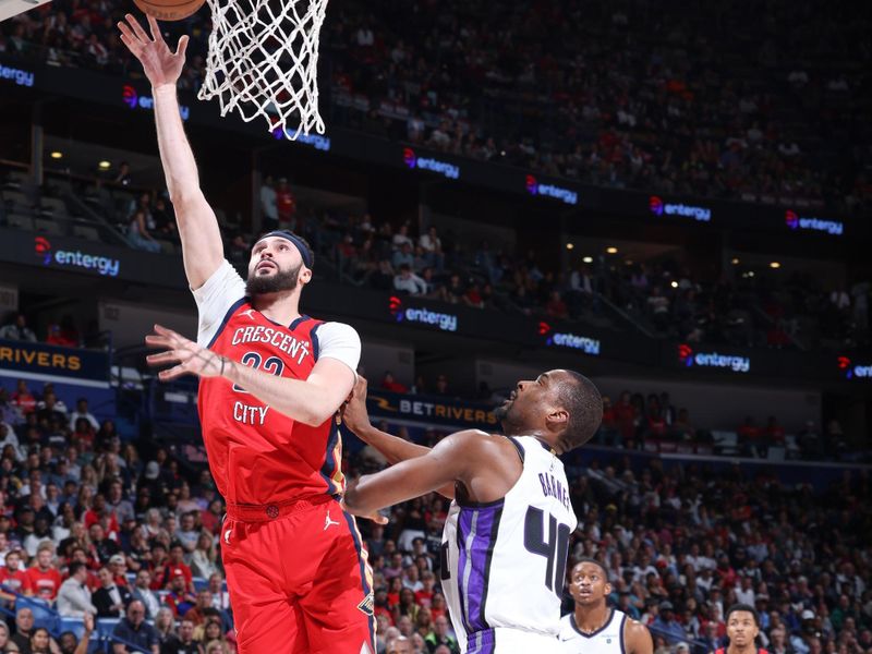 NEW ORLEANS, LA - APRIL 19:  Larry Nance Jr. #22 of the New Orleans Pelicans goes to the basket during the game  against the Sacramento Kings during the 2024 Play-In Tournament on April 19, 2024 at the Smoothie King Center in New Orleans, Louisiana. NOTE TO USER: User expressly acknowledges and agrees that, by downloading and or using this Photograph, user is consenting to the terms and conditions of the Getty Images License Agreement. Mandatory Copyright Notice: Copyright 2024 NBAE (Photo by Jeff Haynes./NBAE via Getty Images)