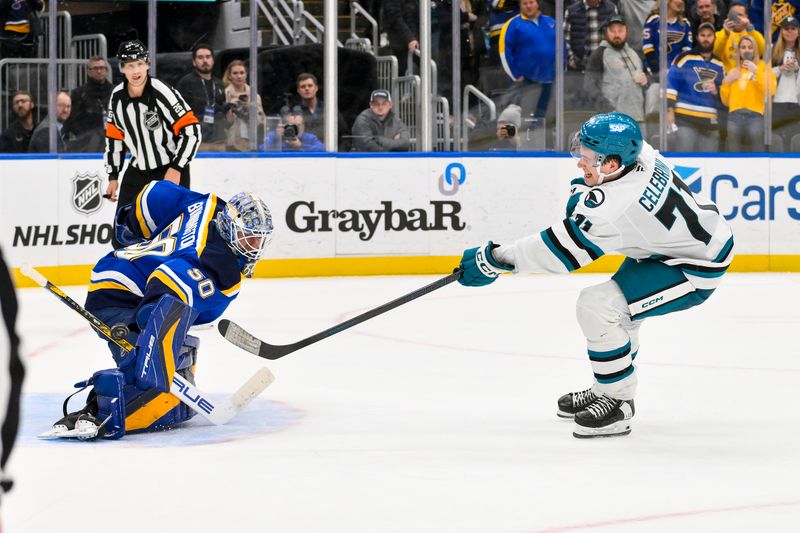 Nov 21, 2024; St. Louis, Missouri, USA;  St. Louis Blues goaltender Jordan Binnington (50) makes a save against San Jose Sharks center Macklin Celebrini (71) in shootouts at Enterprise Center. Mandatory Credit: Jeff Curry-Imagn Images