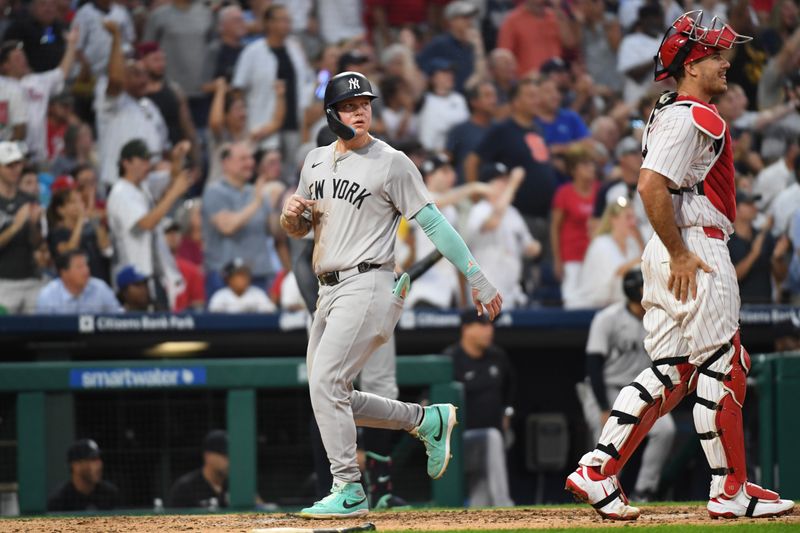 Jul 29, 2024; Philadelphia, Pennsylvania, USA; New York Yankees outfielder Alex Verdugo (24) scores a run against the Philadelphia Phillies during the fifth inning at Citizens Bank Park. Mandatory Credit: Eric Hartline-USA TODAY Sports