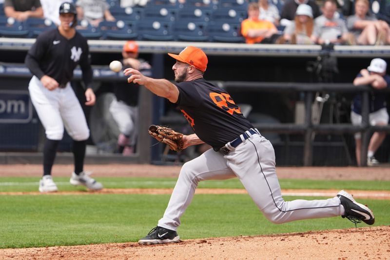Mar 10, 2025; Tampa, Florida, USA; Detroit Tigers pitcher PJ Poulin (85) throws a pitch against the New York Yankees during the fifth inning at George M. Steinbrenner Field. Mandatory Credit: Dave Nelson-Imagn Images