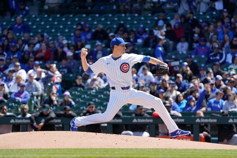 Apr 21, 2024; Chicago, Illinois, USA; Chicago Cubs pitcher Kyle Hendricks (28) throws the ball against the Miami Marlins during the first inning at Wrigley Field. Mandatory Credit: David Banks-USA TODAY Sports