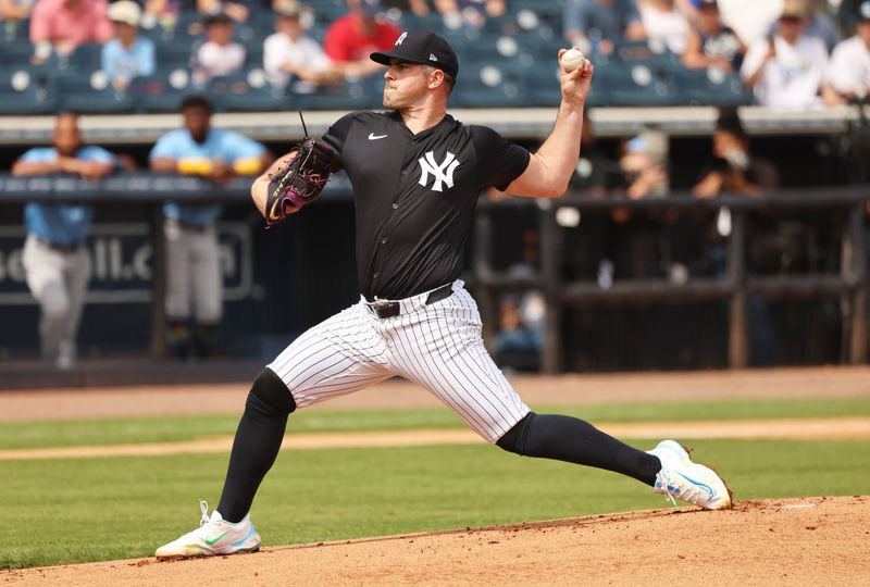 Mar 6, 2024; Tampa, Florida, USA;  New York Yankees starting pitcher Carlos Rodon (55) throws a pitch during the first inning against the Tampa Bay Rays at George M. Steinbrenner Field. Mandatory Credit: Kim Klement Neitzel-USA TODAY Sports