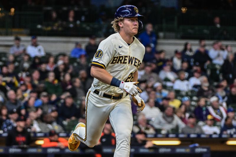 Apr 26, 2023; Milwaukee, Wisconsin, USA; Milwaukee Brewers center fielder Joey Wiemer (28) runs the bases after hitting a solo home run in the eighth inning against the Detroit Tigers at American Family Field. Mandatory Credit: Benny Sieu-USA TODAY Sports