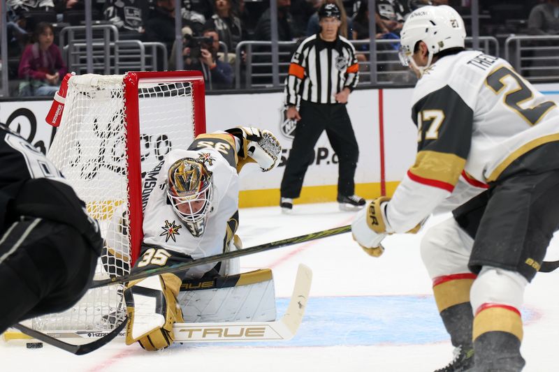 Oct 30, 2024; Los Angeles, California, USA; Vegas Golden Knights goaltender Ilya Samsonov (35) defends the goal during the second period against the Los Angeles Kings at Crypto.com Arena. Mandatory Credit: Kiyoshi Mio-Imagn Images