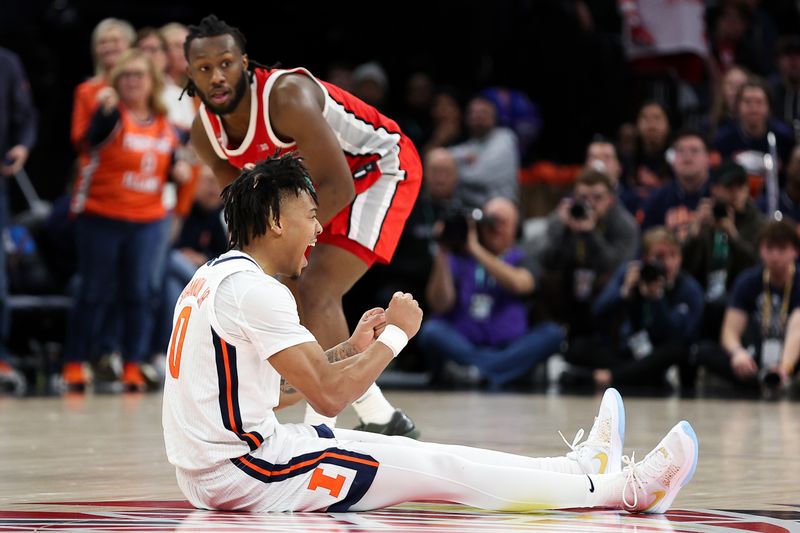 Mar 15, 2024; Minneapolis, MN, USA; Illinois Fighting Illini guard Terrence Shannon Jr. (0) celebrates after forcing a turnover during the second half at Target Center. Mandatory Credit: Matt Krohn-USA TODAY Sports