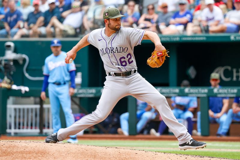 May 21, 2023; Arlington, Texas, USA; Colorado Rockies relief pitcher Matt Carasiti (62) throws during the fifth inning at Globe Life Field. Mandatory Credit: Andrew Dieb-USA TODAY Sports