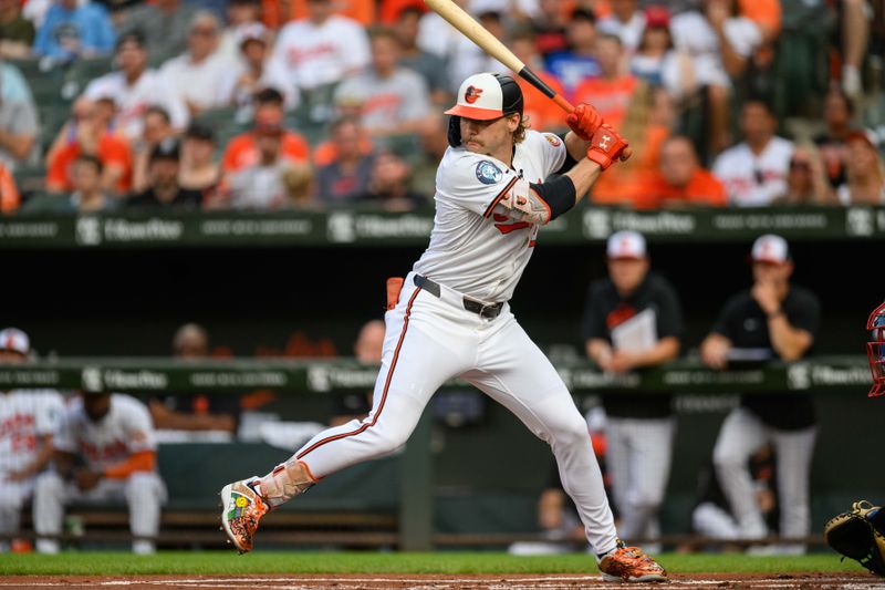 Jun 30, 2024; Baltimore, Maryland, USA; Baltimore Orioles shortstop Gunnar Henderson (2) at bat during the first inning against the Texas Rangers at Oriole Park at Camden Yards. Mandatory Credit: Reggie Hildred-USA TODAY Sports