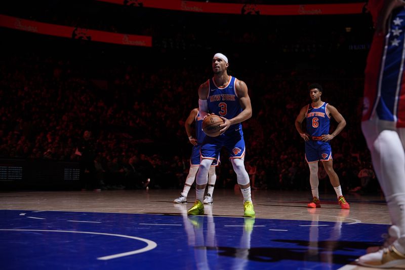 PHILADELPHIA, PA - JANUARY 5: Josh Hart #3 of the New York Knicks shoots a free throw during the game against the Philadelphia 76ers on January 5, 2024 at the Wells Fargo Center in Philadelphia, Pennsylvania NOTE TO USER: User expressly acknowledges and agrees that, by downloading and/or using this Photograph, user is consenting to the terms and conditions of the Getty Images License Agreement. Mandatory Copyright Notice: Copyright 2024 NBAE (Photo by Jesse D. Garrabrant/NBAE via Getty Images)